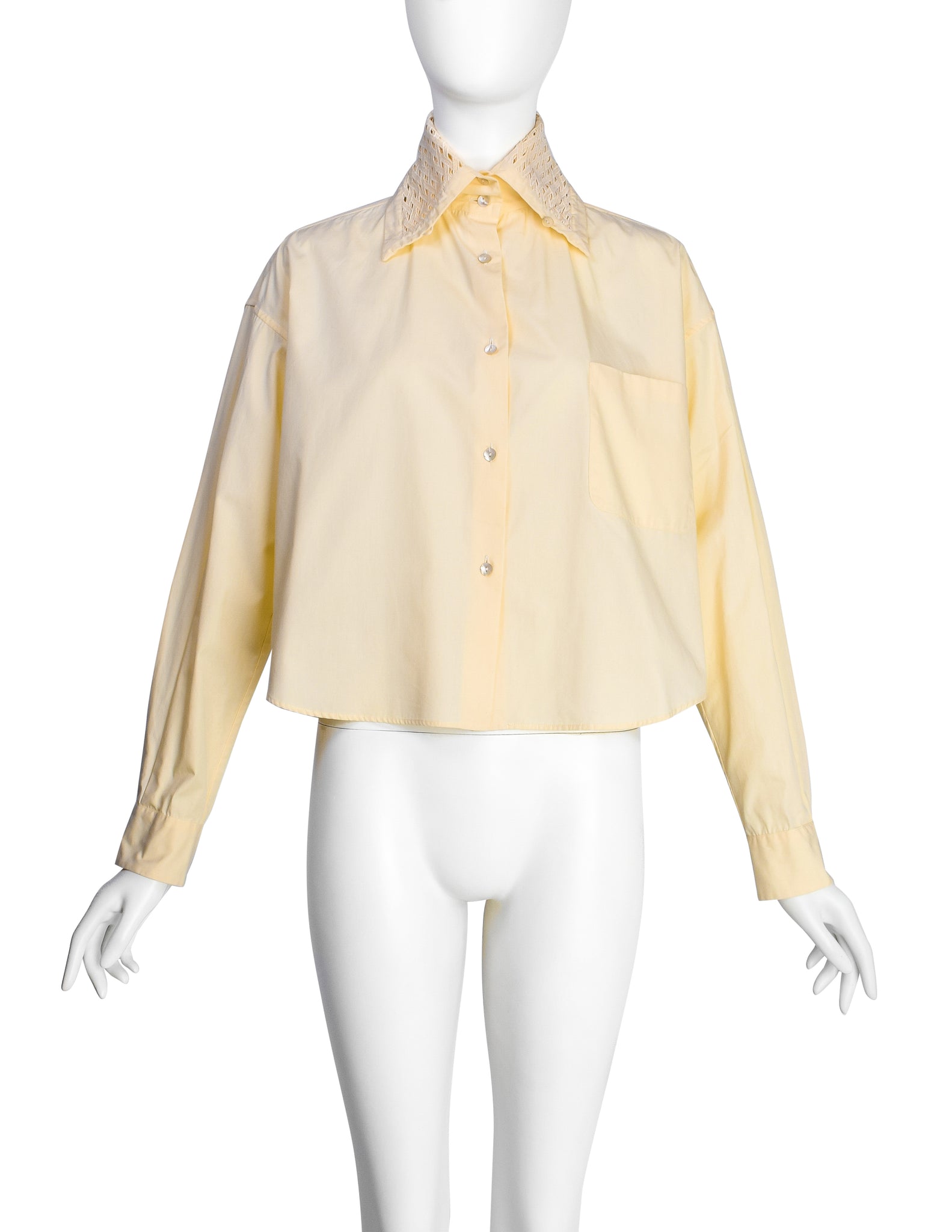 Romeo Gigli Vintage 1990s Light Yellow Cotton Wide Cut Cropped Button Up Shirt