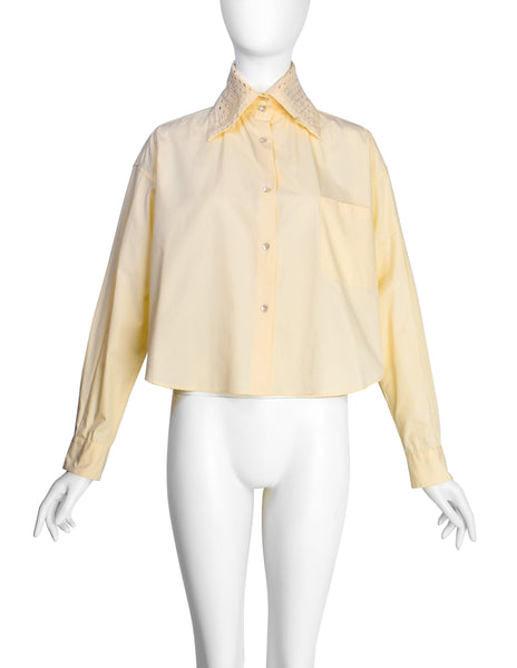 Romeo Gigli Vintage 1990s Light Yellow Cotton Wide Cut Cropped Button Up Shirt
