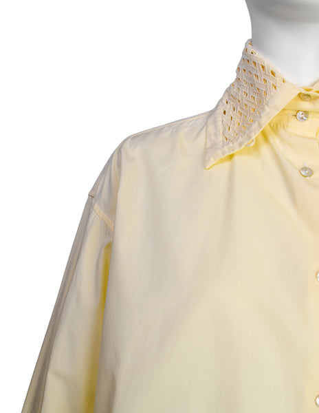 Romeo Gigli Vintage 1990s Light Yellow Cotton Wide Cut Cropped Button Up Shirt