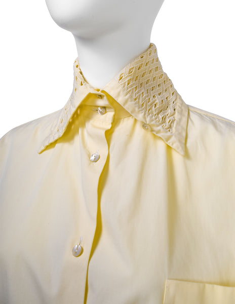 Romeo Gigli Vintage 1990s Light Yellow Cotton Wide Cut Cropped Button Up Shirt