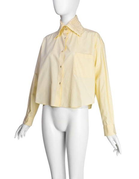 Romeo Gigli Vintage 1990s Light Yellow Cotton Wide Cut Cropped Button Up Shirt