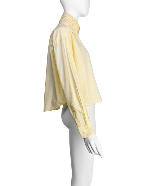 Romeo Gigli Vintage 1990s Light Yellow Cotton Wide Cut Cropped Button Up Shirt