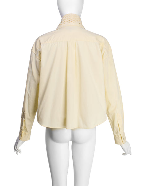 Romeo Gigli Vintage 1990s Light Yellow Cotton Wide Cut Cropped Button Up Shirt