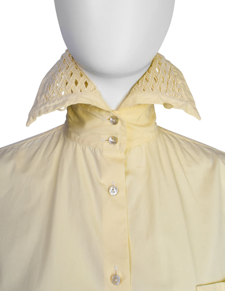 Romeo Gigli Vintage 1990s Light Yellow Cotton Wide Cut Cropped Button Up Shirt