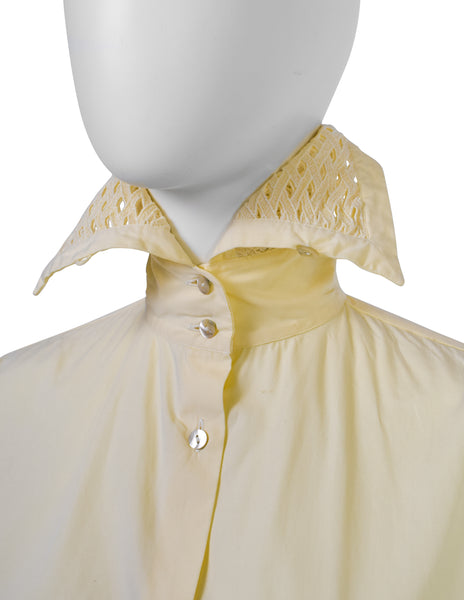 Romeo Gigli Vintage 1990s Light Yellow Cotton Wide Cut Cropped Button Up Shirt
