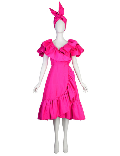 Richilene Vintage Hot Fuchsia Pink Raw Silk Dramatic Ruffle Surplice Dress Richilene Vintage Hot Fuchsia Pink Raw Silk Dramatic Ruffle Surplice Dress