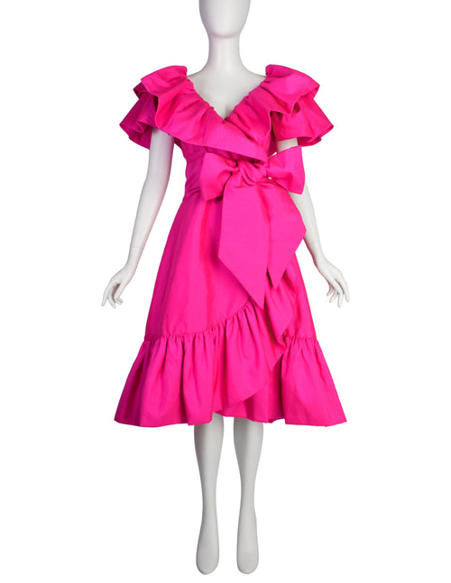 Richilene Vintage Hot Fuchsia Pink Raw Silk Dramatic Ruffle Surplice Dress Richilene Vintage Hot Fuchsia Pink Raw Silk Dramatic Ruffle Surplice Dress