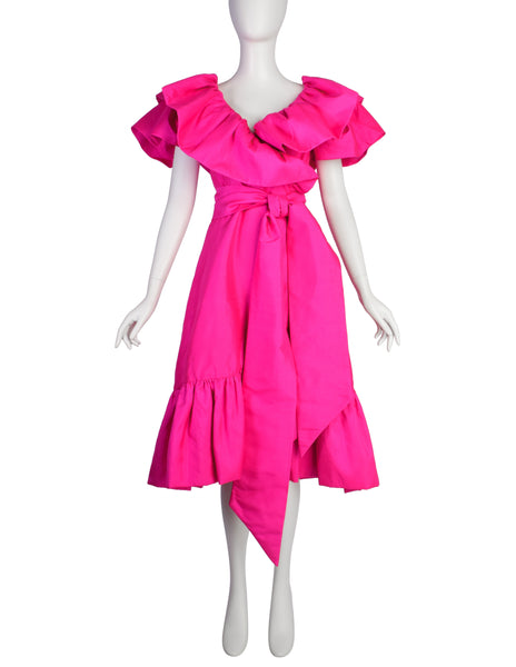 Richilene Vintage Hot Fuchsia Pink Raw Silk Dramatic Ruffle Surplice Dress