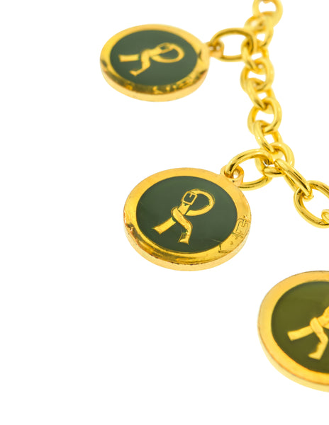 Roberta di Camerino Vintage 1970s Golden Green Enamel R Logo Dangling Charm Chain Bracelet
