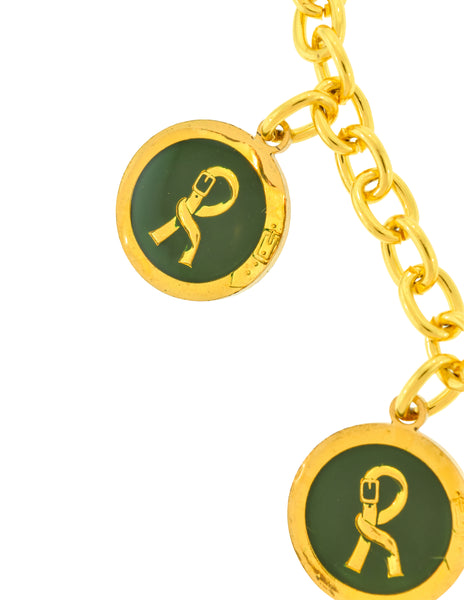 Roberta di Camerino Vintage 1970s Golden Green Enamel R Logo Dangling Charm Chain Bracelet