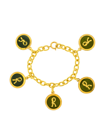 Roberta di Camerino Vintage 1970s Golden Green Enamel R Logo Dangling Charm Chain Bracelet