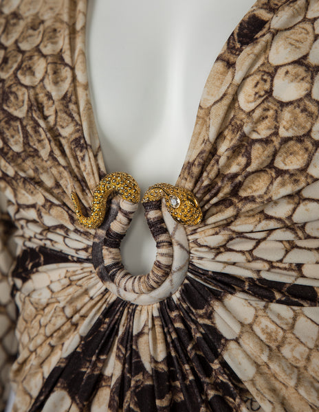 Roberto Cavalli Vintage AW 2007 Python Print Golden Snake Plunge Dress