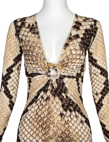 Roberto Cavalli Vintage AW 2007 Python Print Golden Snake Plunge Dress