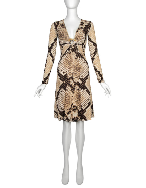 Roberto Cavalli Vintage AW 2007 Python Print Golden Snake Plunge Dress
