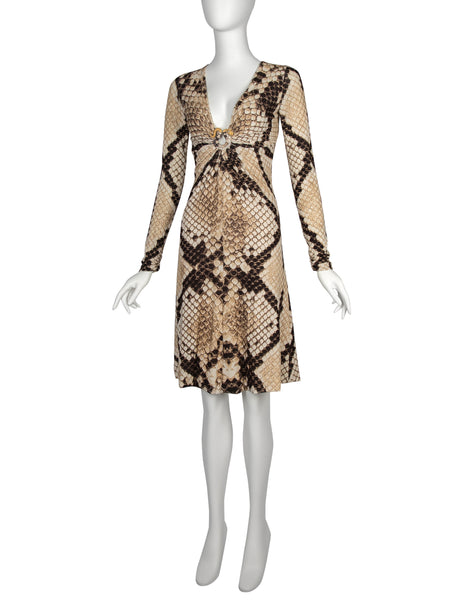 Roberto Cavalli Vintage AW 2007 Python Print Golden Snake Plunge Dress
