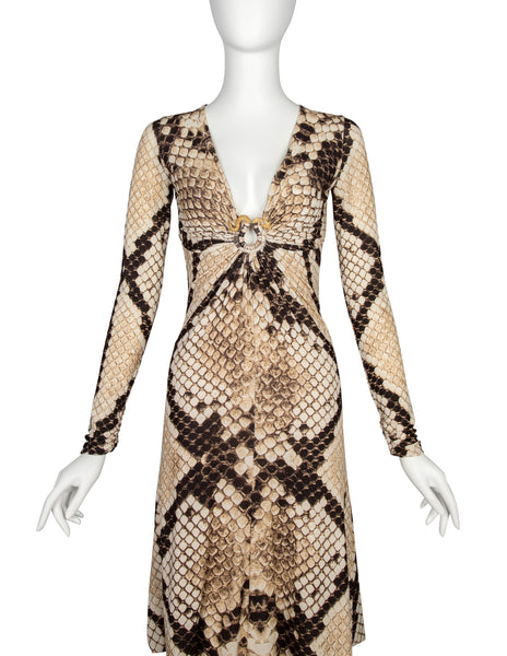 Roberto Cavalli Vintage AW 2007 Python Print Golden Snake Plunge Dress