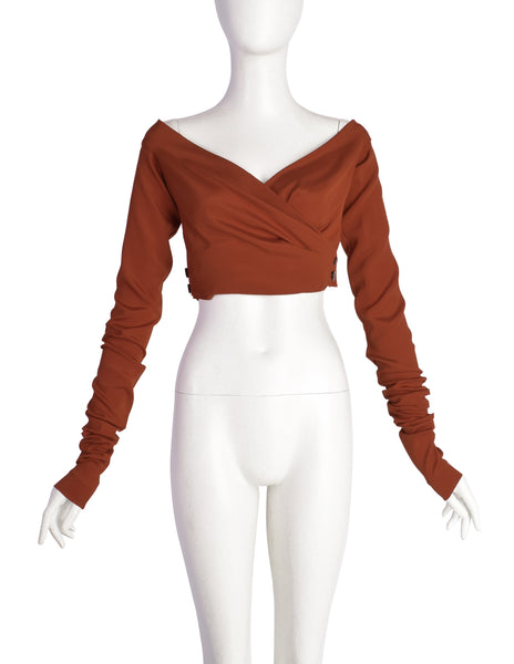Romeo Gigli Vintage SS 1996 Rust Silk Wrap Ultra Crop Top with Extra Long Sleeves