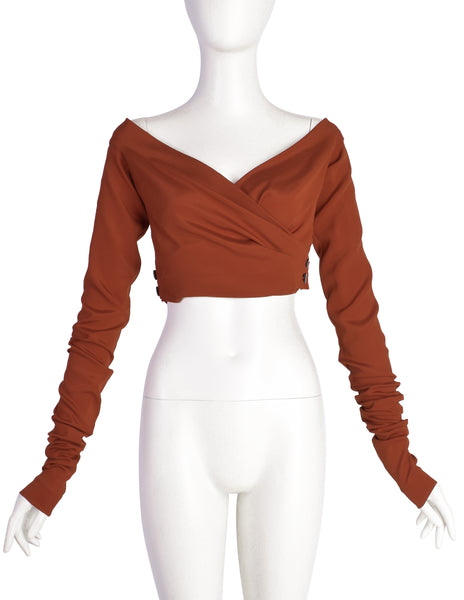 Romeo Gigli Vintage SS 1996 Rust Silk Wrap Ultra Crop Top with Extra Long Sleeves