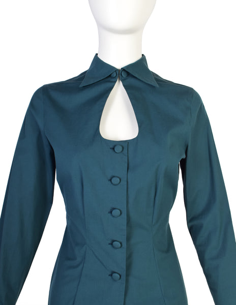 Romeo Gigli Vintage AW 1996 Deep Teal Scooping Keyhole Collared Shirt
