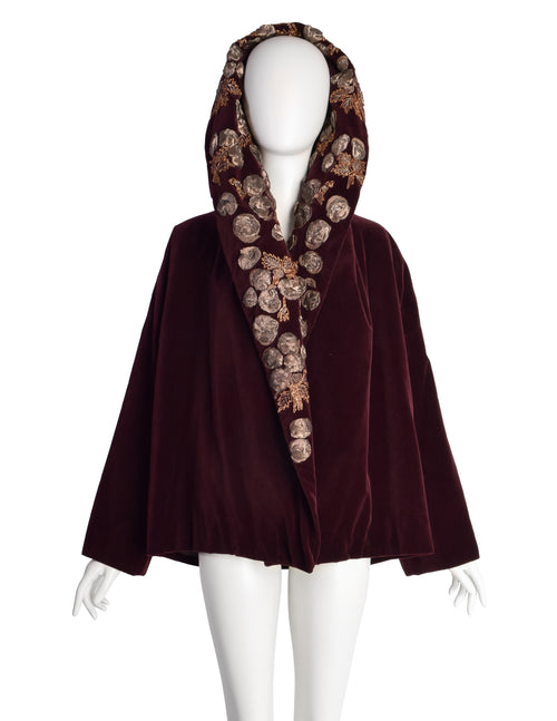 Romeo Gigli Vintage AW 1989 Burgundy Velvet Embellished Shawl