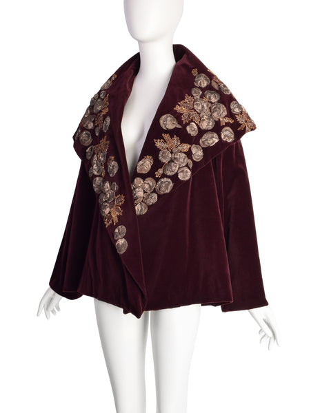 Romeo Gigli Vintage AW 1989 Burgundy Velvet Embellished Shawl Collar Cropped Coat