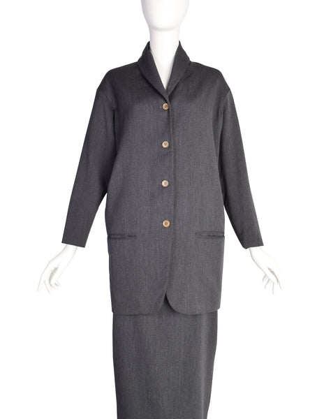 Romeo Gigli Vintage 1980s Charcoal Grey Wool Jacket and Skirt Suit