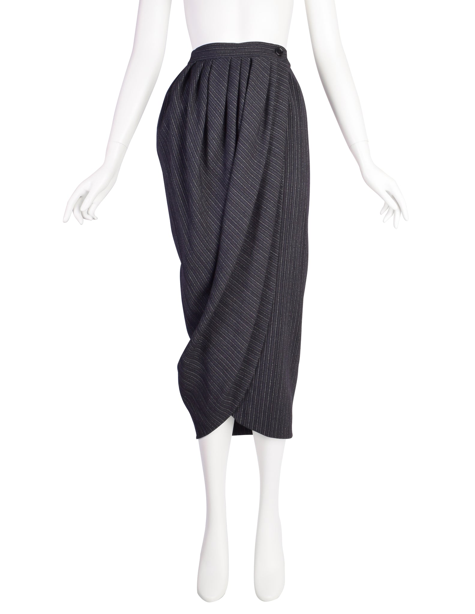 Romeo Gigli Vintage AW1994 Deepest Navy Wool Striped Draping Tulip Skirt