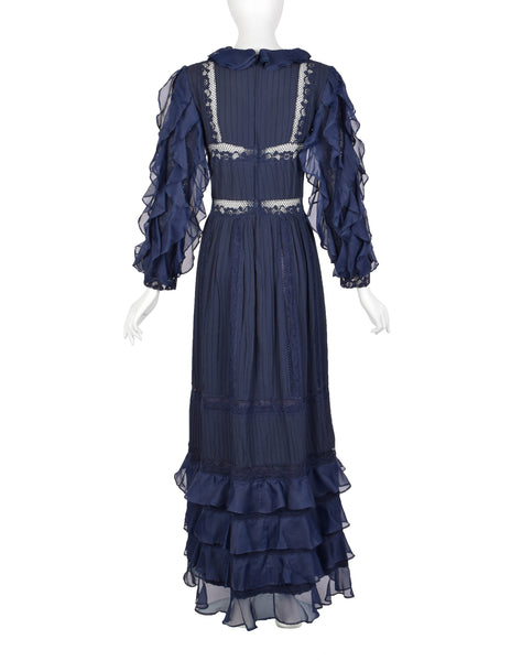 Salina De Costa Vintage 1960s Navy Blue Lace Pintucked Ruffle Gown