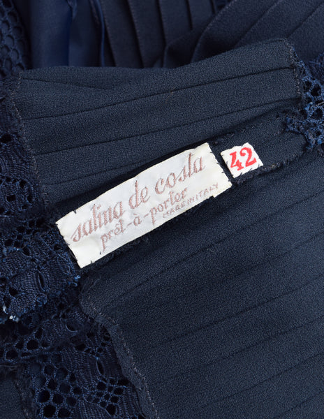 Salina De Costa Vintage 1960s Navy Blue Lace Pintucked Ruffle Gown