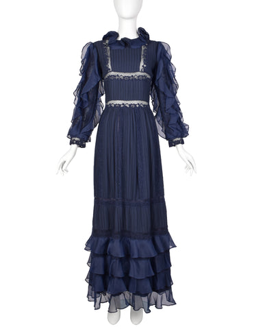 Salina De Costa Vintage 1960s Navy Blue Lace Pintucked Ruffle Gown