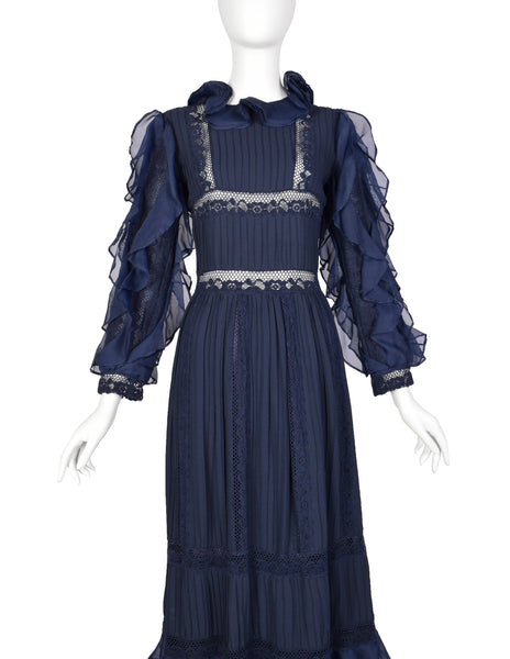 Salina De Costa Vintage 1960s Navy Blue Lace Pintucked Ruffle Gown
