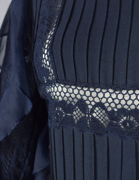 Salina De Costa Vintage 1960s Navy Blue Lace Pintucked Ruffle Gown