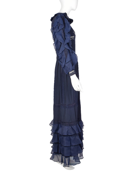 Salina De Costa Vintage 1960s Navy Blue Lace Pintucked Ruffle Gown