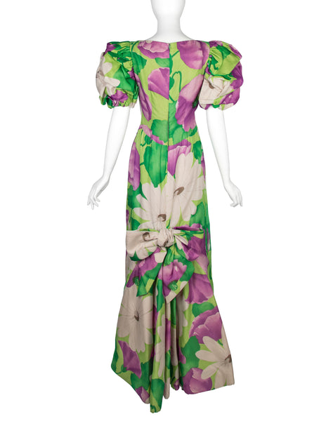 Scaasi Vintage 1980s Purple and Green Floral Print Silk Puff Sleeve Gown