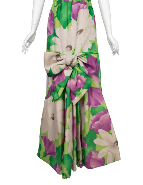 Scaasi Vintage 1980s Purple and Green Floral Print Silk Puff Sleeve Gown