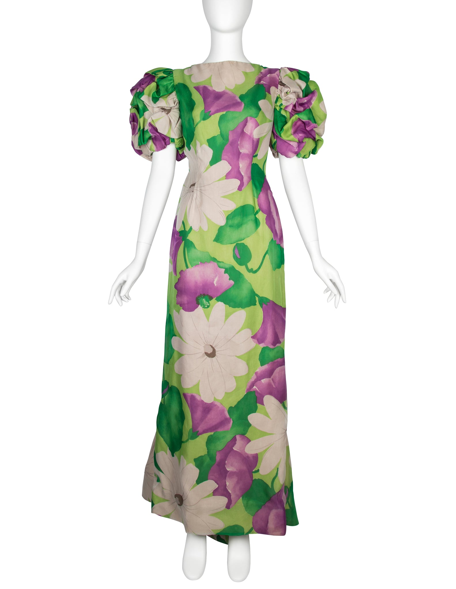 Scaasi Vintage 1980s Purple and Green Floral Print Silk Puff Sleeve Gown