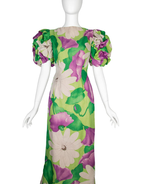 Scaasi Vintage 1980s Purple and Green Floral Print Silk Puff Sleeve Gown