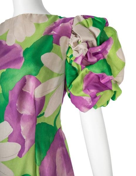 Scaasi Vintage 1980s Purple and Green Floral Print Silk Puff Sleeve Gown