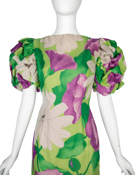 Scaasi Vintage 1980s Purple and Green Floral Print Silk Puff Sleeve Gown