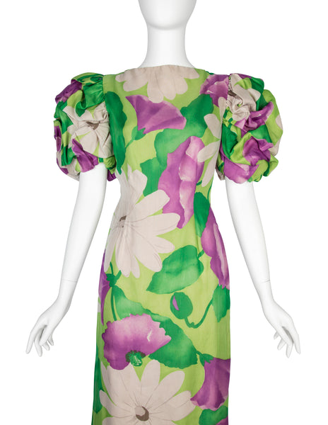 Scaasi Vintage 1980s Purple and Green Floral Print Silk Puff Sleeve Gown