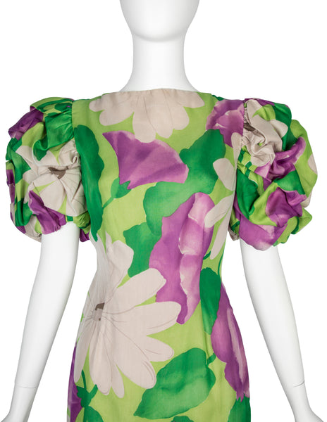 Scaasi Vintage 1980s Purple and Green Floral Print Silk Puff Sleeve Gown