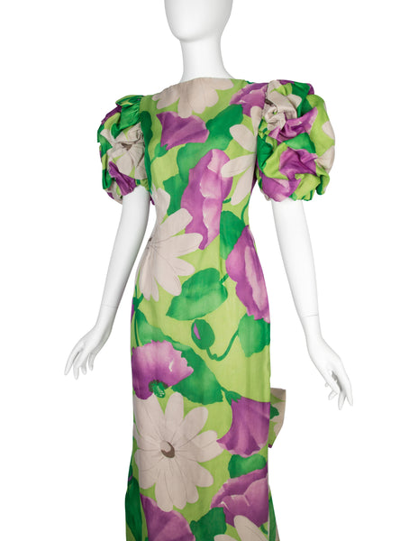 Scaasi Vintage 1980s Purple and Green Floral Print Silk Puff Sleeve Gown