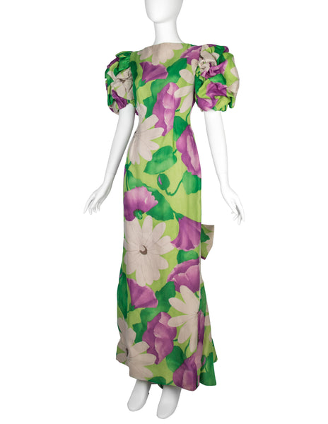 Scaasi Vintage 1980s Purple and Green Floral Print Silk Puff Sleeve Gown