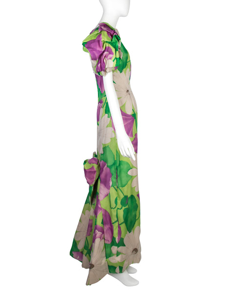 Scaasi Vintage 1980s Purple and Green Floral Print Silk Puff Sleeve Gown