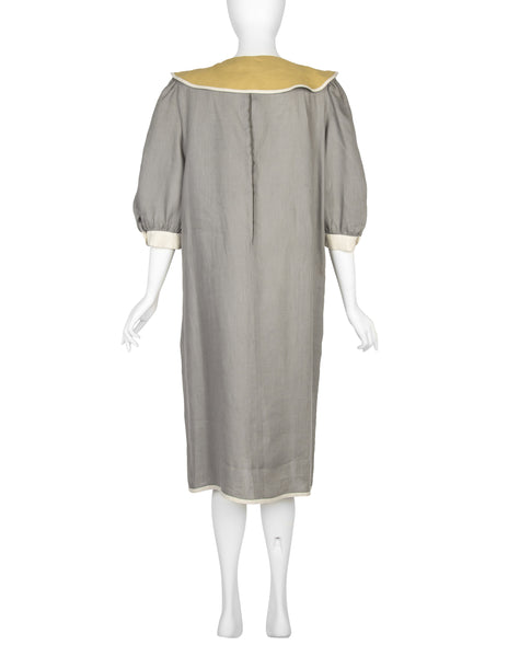 Schiaparell Vintage 1980s Grey and Chartreuse Linen Puff Sleeve Dress