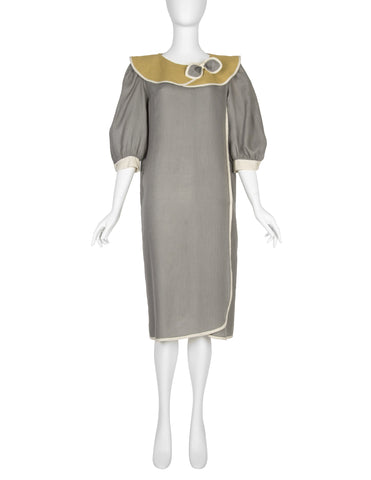 Schiaparell Vintage 1980s Grey and Chartreuse Linen Puff Sleeve Dress