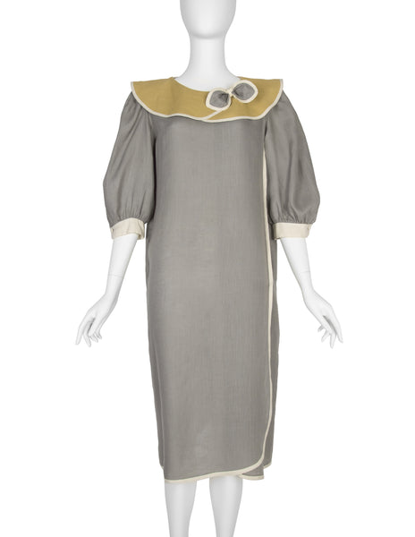 Schiaparell Vintage 1980s Grey and Chartreuse Linen Puff Sleeve Dress