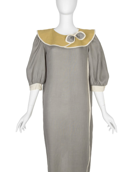 Schiaparell Vintage 1980s Grey and Chartreuse Linen Puff Sleeve Dress