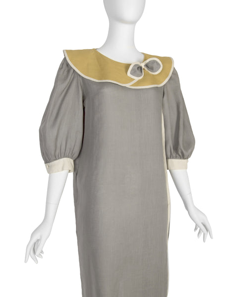Schiaparell Vintage 1980s Grey and Chartreuse Linen Puff Sleeve Dress