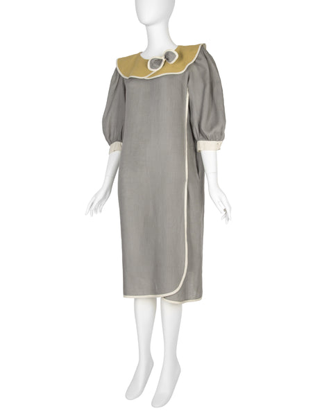 Schiaparell Vintage 1980s Grey and Chartreuse Linen Puff Sleeve Dress